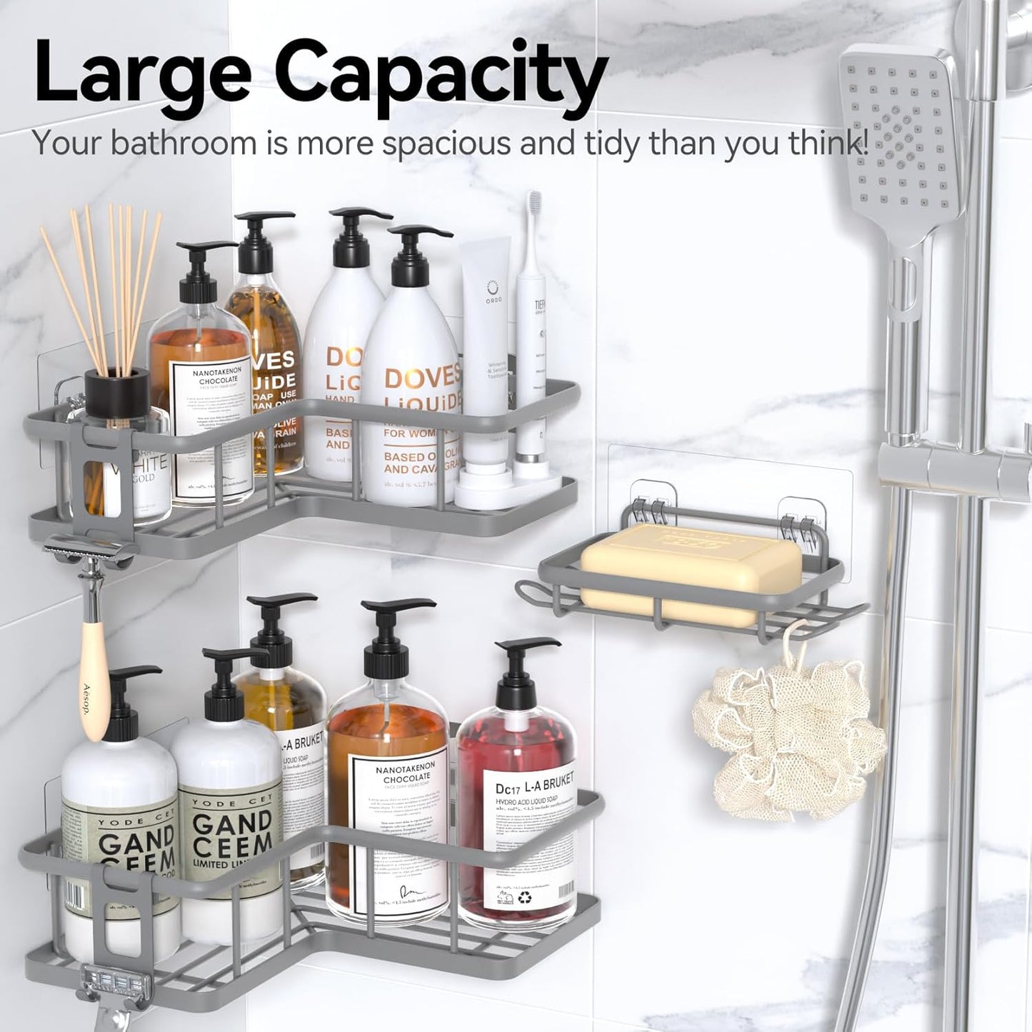 YASONIC Corner Shower Caddy, 5-Pack Adhesive Rustproof Stainless Steel Shower Organizer with Soap Holder, No Drilling Shower Shelf for Inside Shower, Dorm, Renters, Black