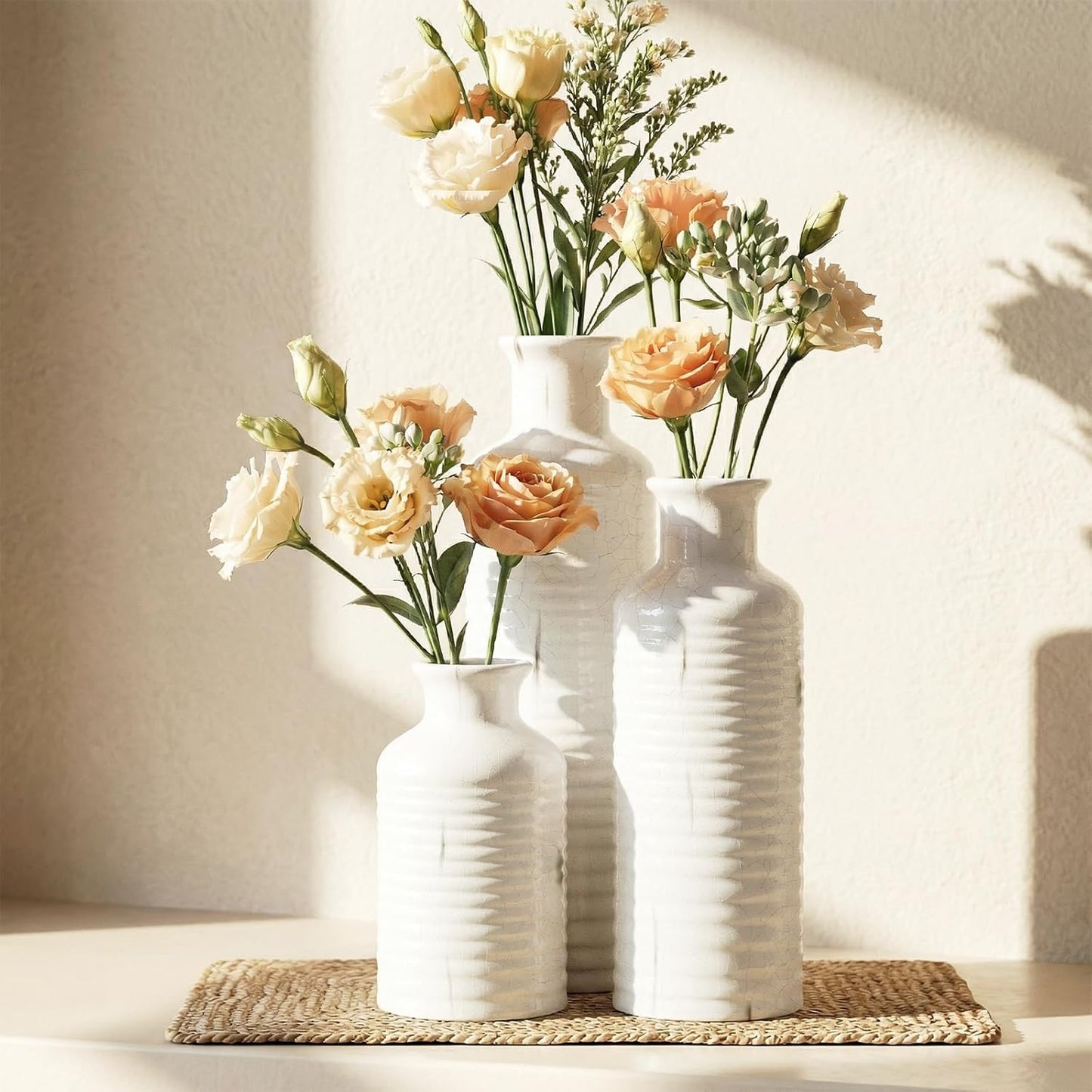Firehold Ceramic Vase Set of 3, Rustic Farmhouse Boho Vases, Textured Country Home Decor, Small Decorative Vases for Shelves Mantel Table, Gift Set for Dried Pampas Grass & Fresh Flowers (White)