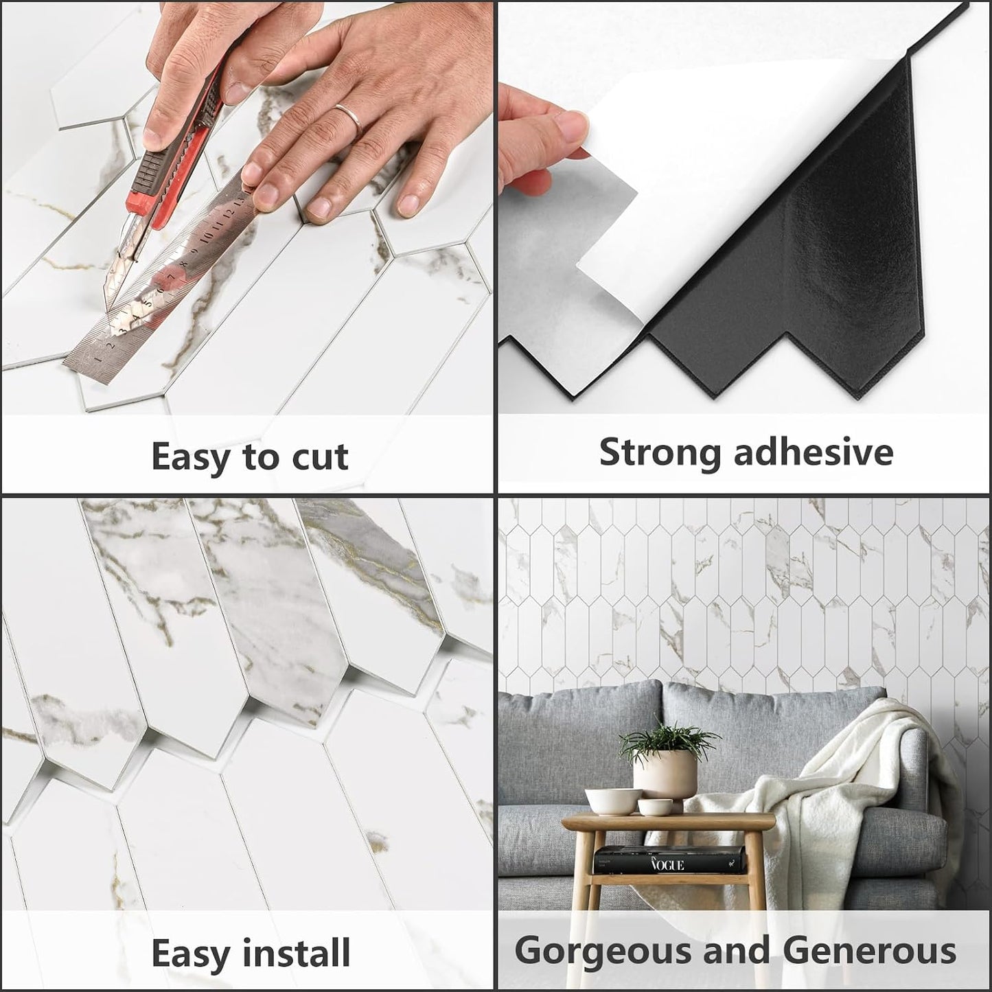 Vamos Tile Glossy Dolomite White Backsplash Tile Peel and Stick, 12.8 x 12.8 Inch 10 Sheets Long Hexagon PVC Self Adhesive Mosaic Wall Tiles Stick on Backsplash for Kitchen and Bathroom