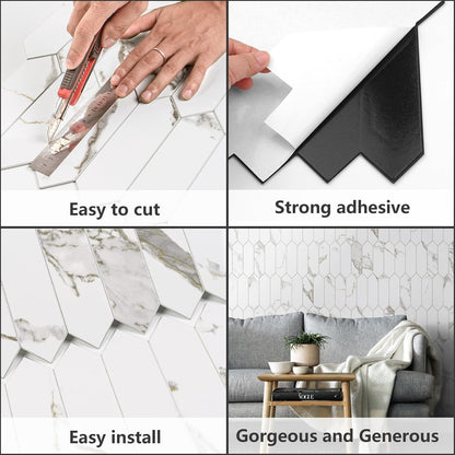Vamos Tile Glossy Dolomite White Backsplash Tile Peel and Stick, 12.8 x 12.8 Inch 10 Sheets Long Hexagon PVC Self Adhesive Mosaic Wall Tiles Stick on Backsplash for Kitchen and Bathroom