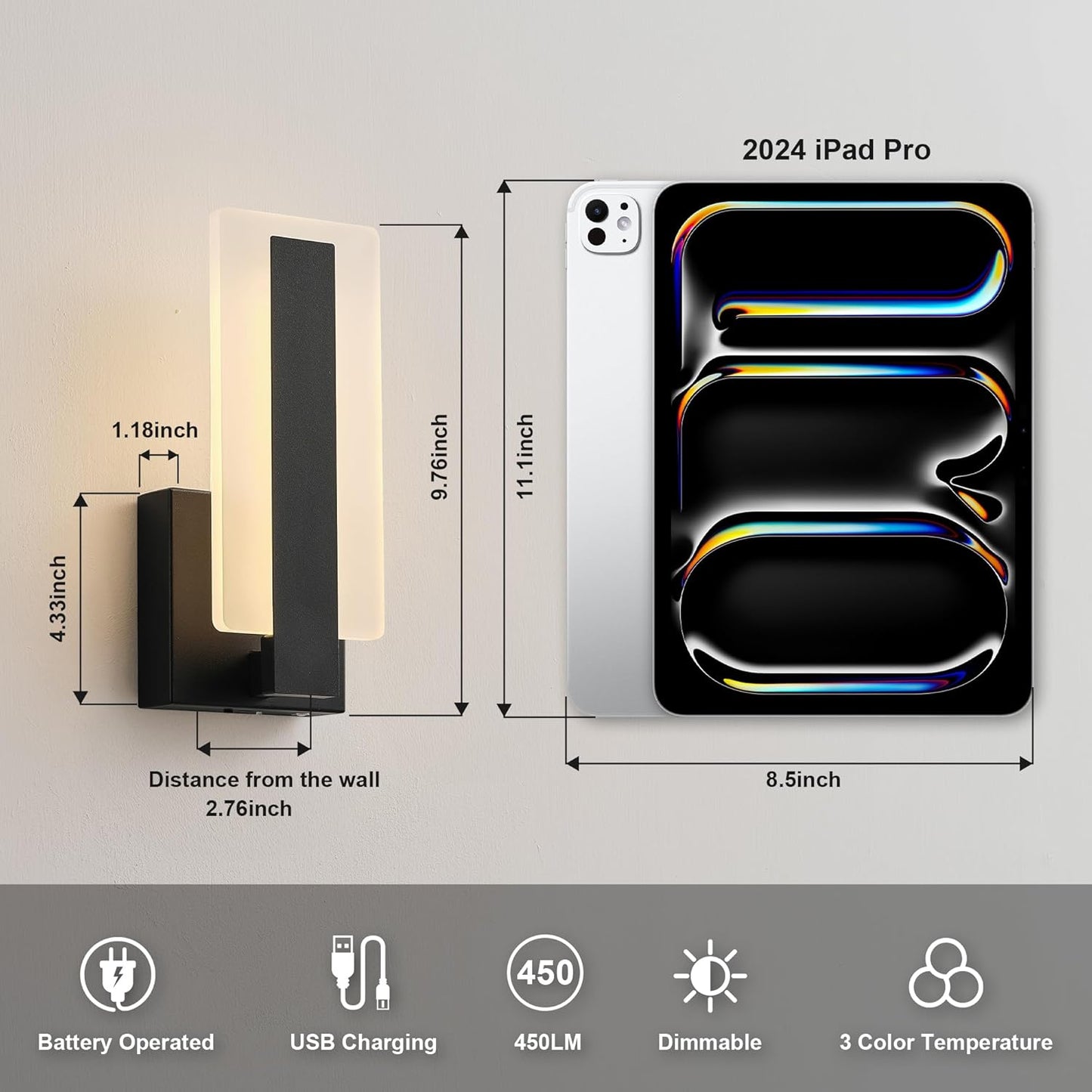 KARTOOSH Rechargeable Wireless Wall Sconces,Battery Operated Modern Wall Light Set of Two with Remote Control,Dimmable,3000K/4000K/6000K,Timer,Cordless Lighting for Hallway,Bedroom,Living Room Black