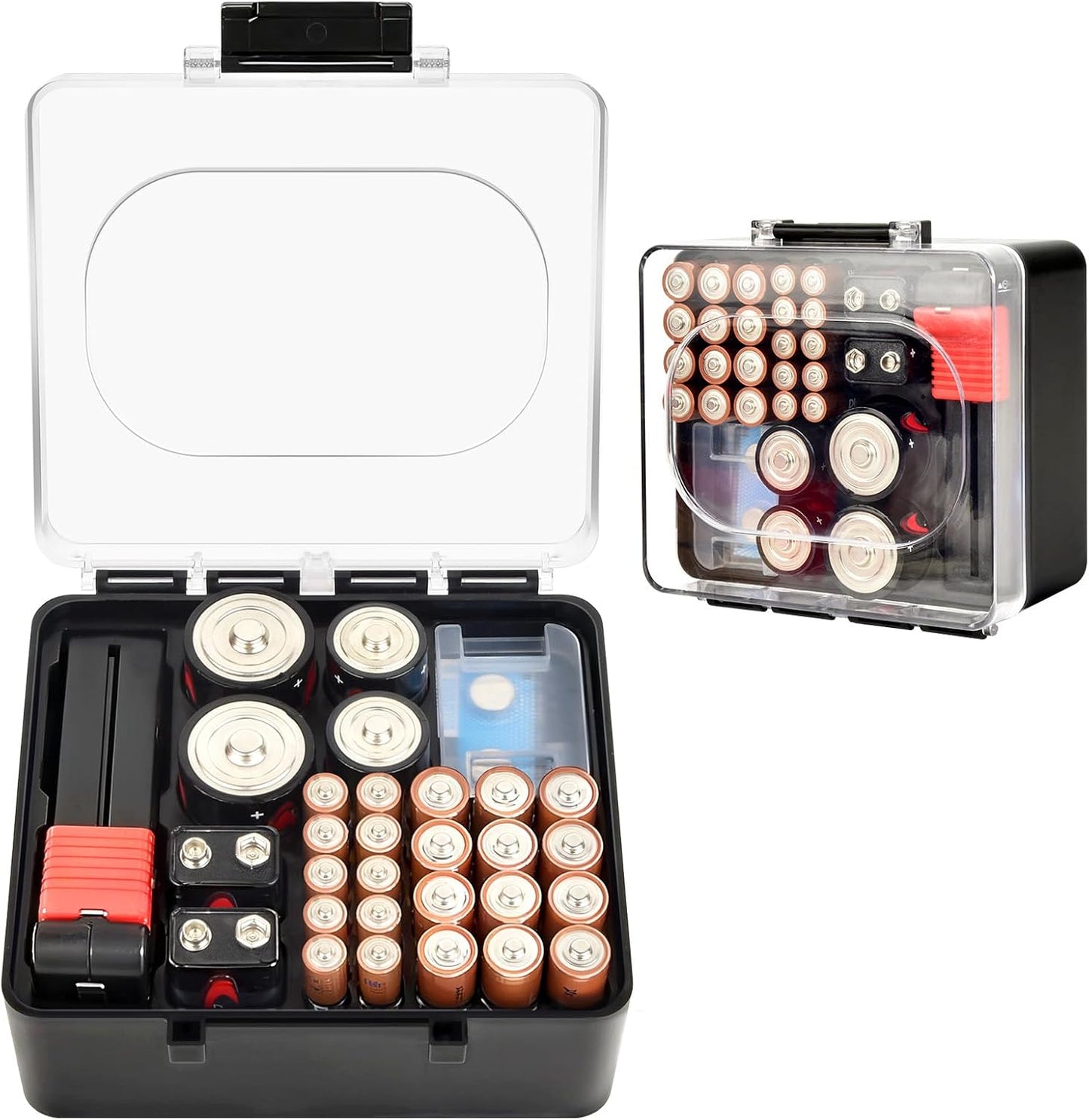 FULLCASE Plastic Battery Organizer with Tester, Battery Storage Case for AA AAA C D 9V Batteries, Portable Battery Holder Box for Home, Travel & Emergency Kits(Case Only) Black