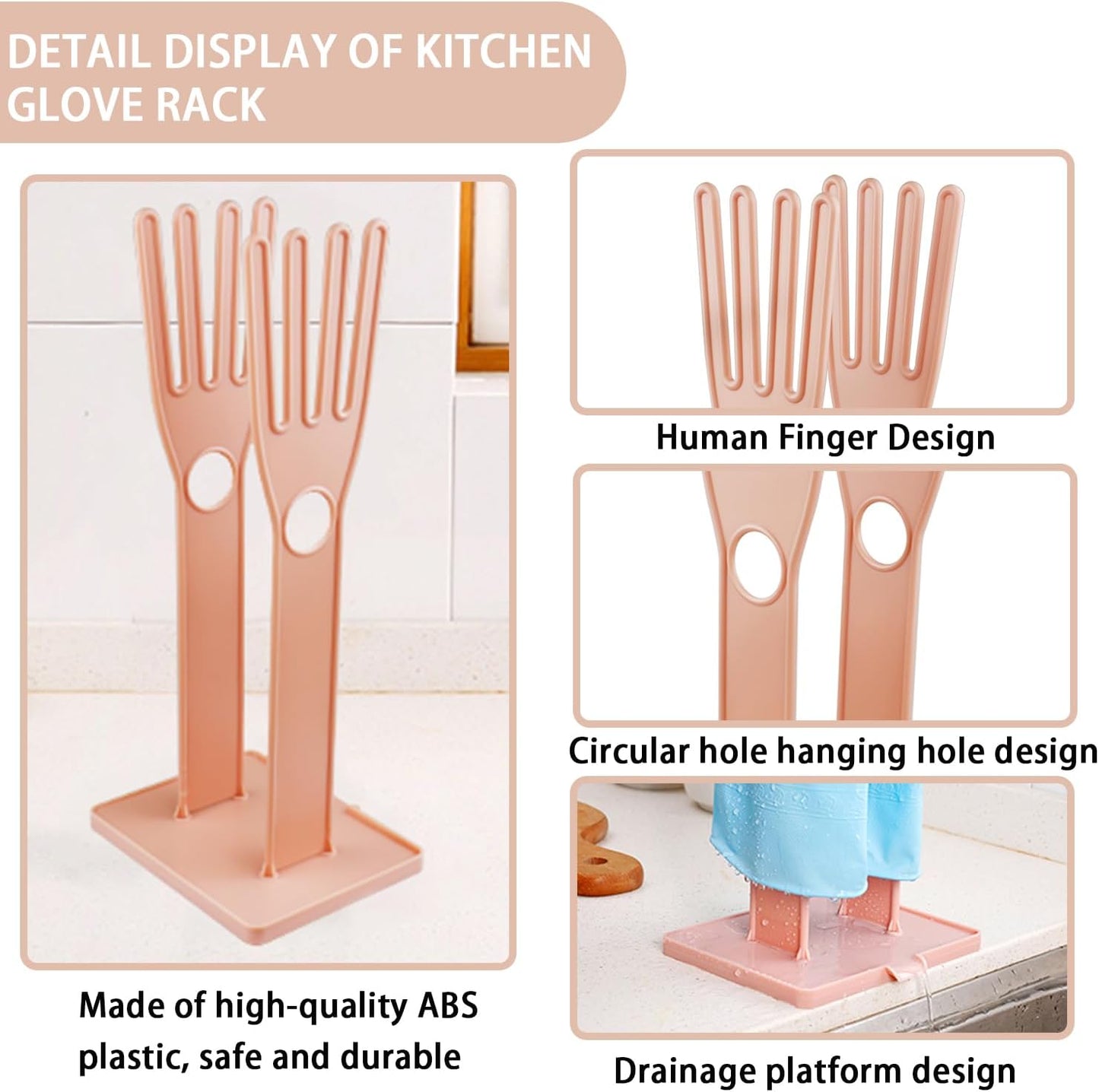Kitchen Glove Holder - Reusable Plastic Dish Holder with Water Collection Tray, Countertop & Sink Rubber Glove Dryer, Space-Saving Organizer for Kitchen/Bar/Hotel, Pink (1 Pack)