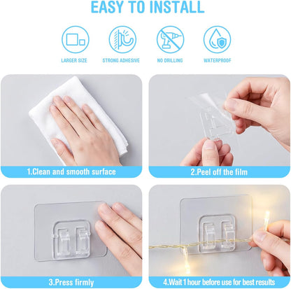 JMEXSUSS Hooks for Outdoor String Lights Clips: 50Pcs Heavy Duty Hooks with Waterproof Adhesive Strips, UV-Resistant Outside Transparent Clips for Hanging Christmas Lights, No Drill