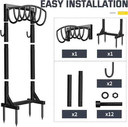 Kesfitt Garden Hose Holder Stand with Tool Storage Basket & 4 Spikes, Detachable Heavy Duty Metal Freestanding Outdoor Organizer for Lawn Yard Water Storage Rack