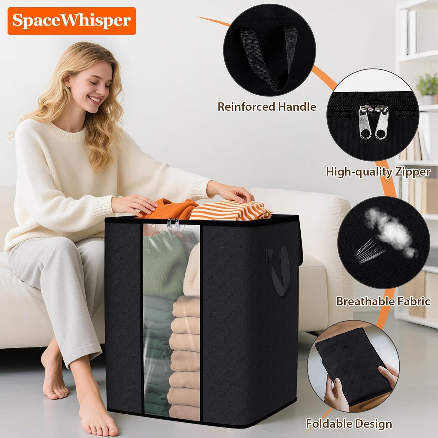 SpaceWhisper 3 Pack 100L Clothes Storage, Foldable Thick Fabric Blanket Storage Bags, Containers for Organizing Bedroom, Closet, Clothing, Comforter,Closet Organization with Handle,Grey