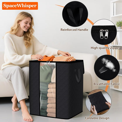 SpaceWhisper 3 Pack 100L Clothes Storage, Foldable Thick Fabric Blanket Storage Bags, Containers for Organizing Bedroom, Closet, Clothing, Comforter,Closet Organization with Handle,Grey