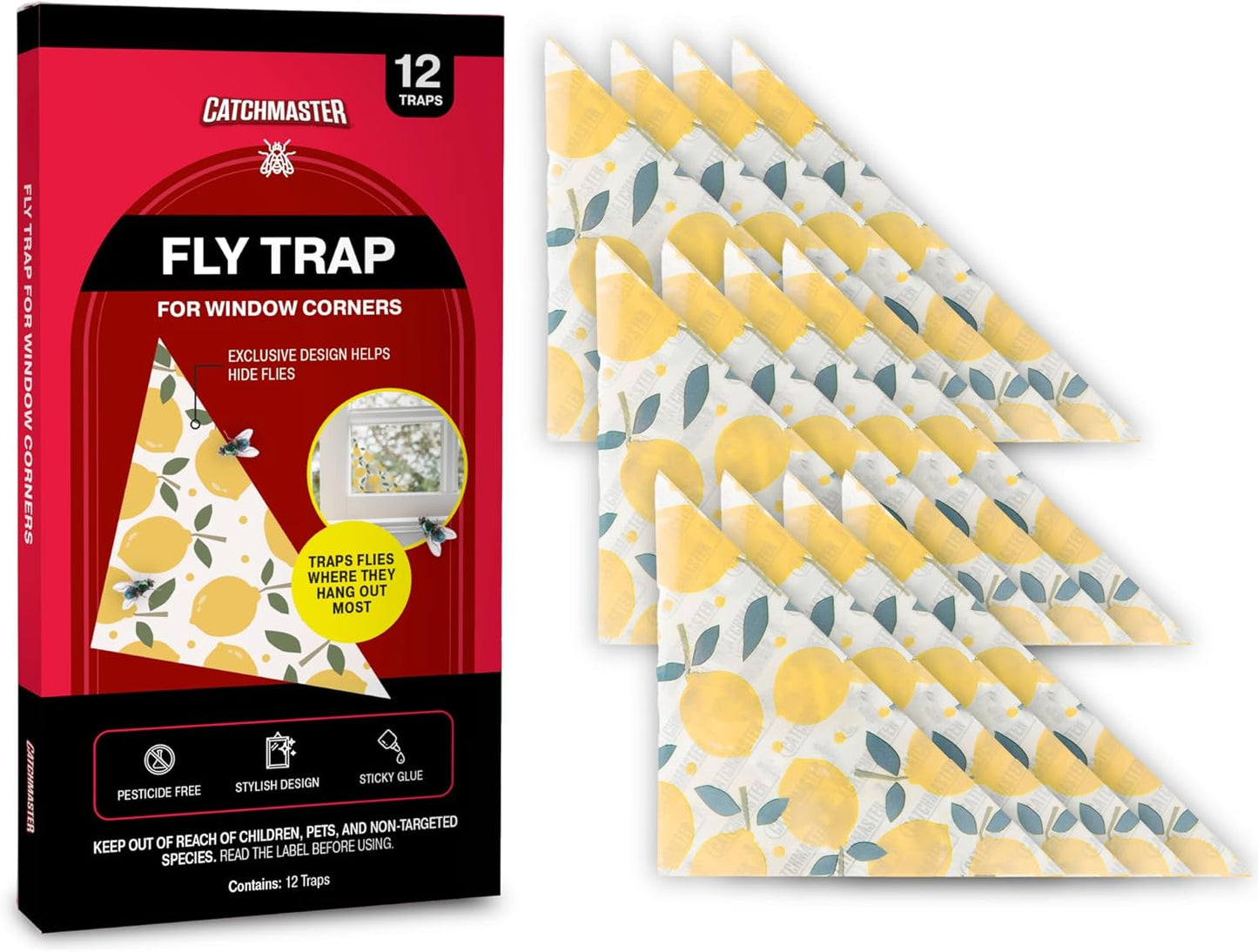 Catchmaster Window Fly Traps 12-Pack, Designed to Disguise House & Fruit Fly, Gnats, Adhesive Strips for Indoor, Disposable Bug Catcher, Insect Sticky Glue Traps, Pest Control for Home & Kitchen