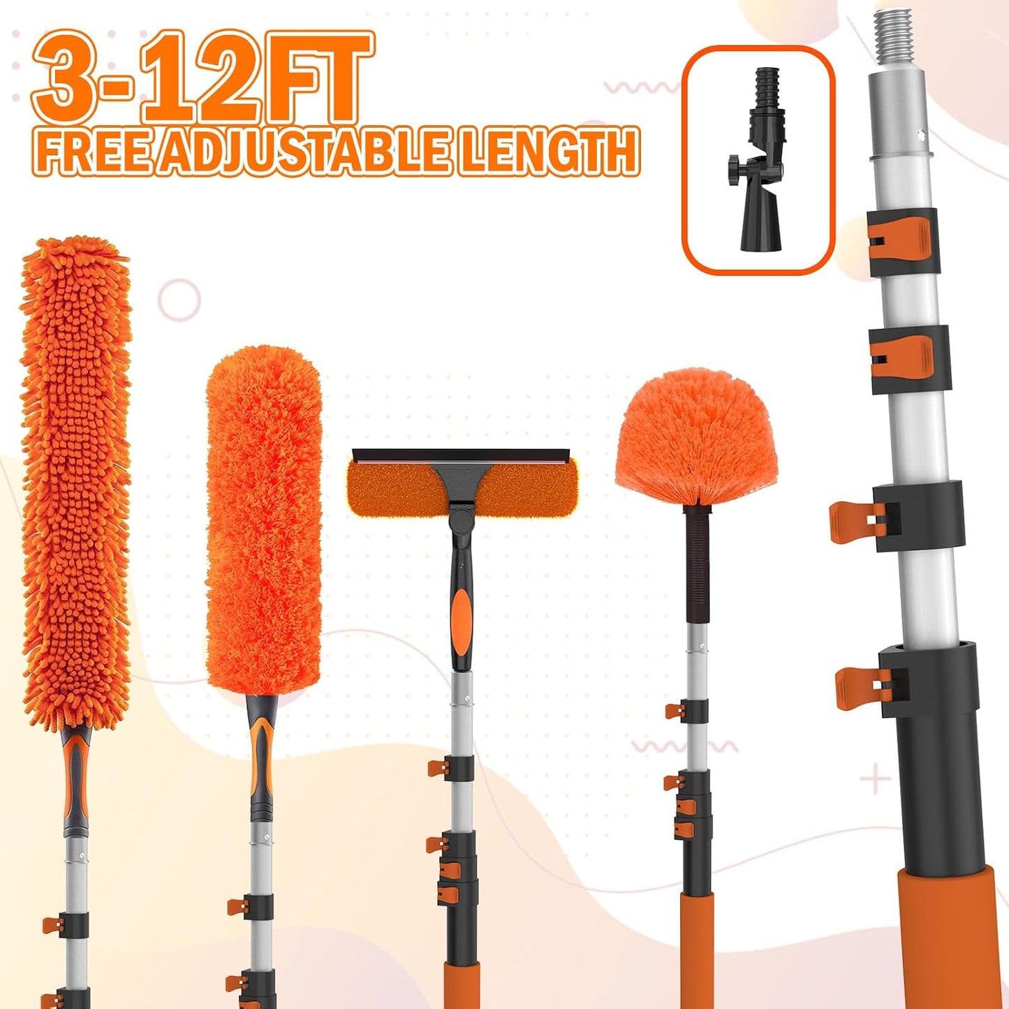 LAANPOLE 26FT High Reach Duster Cleaning Kit with Extension Pole, High Ceiling Fan Cleaner Duster Tool for Fan Blades, Window Washing Kit with Microfiber Feather Duster & Window Squeegee