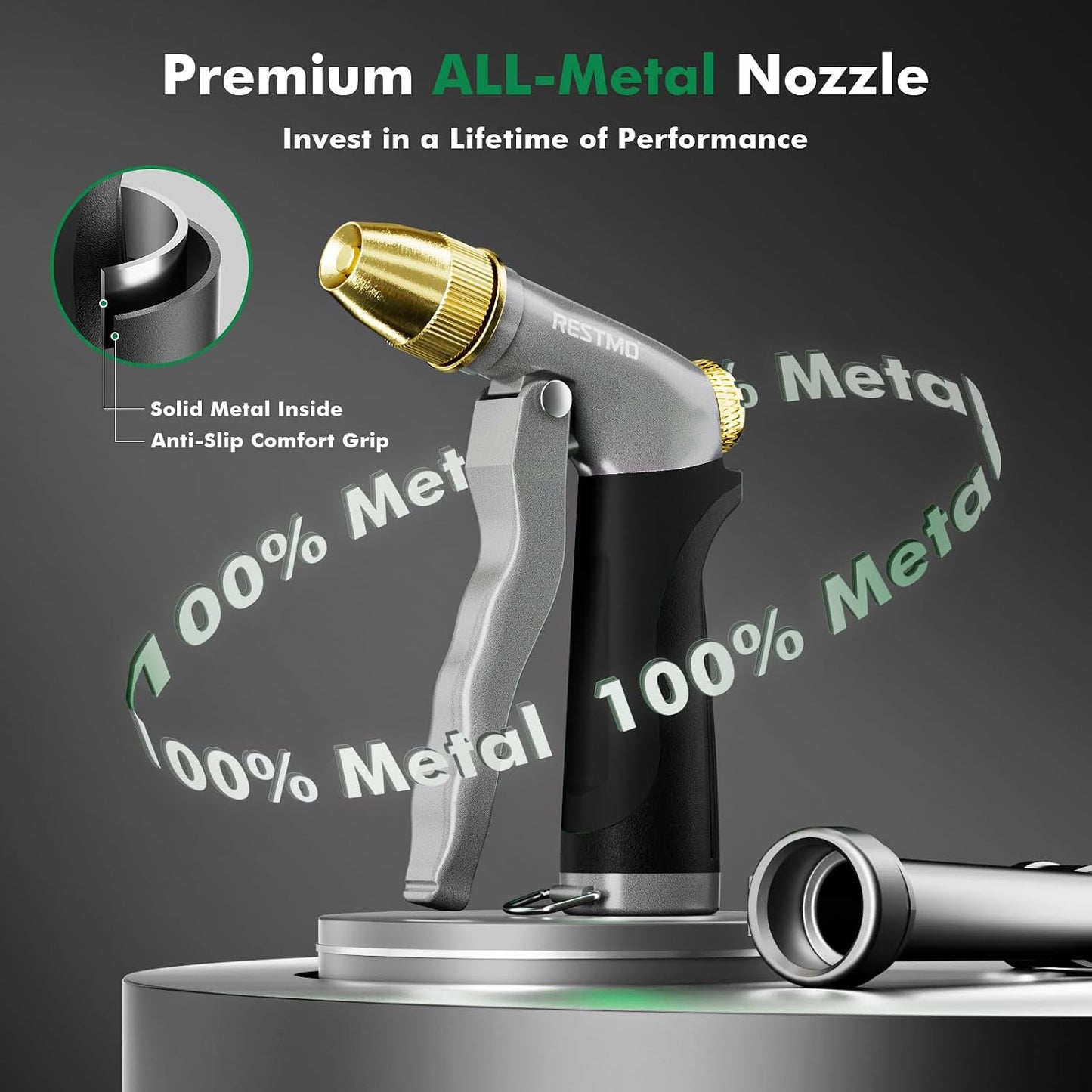 RESTMO Metal Water Hose Nozzle, Heavy Duty Garden Hose Sprayer for Outdoor | Adjustable Brass Spray Head, 4 Watering Patterns, Jet | Mist | Cone | Full, Leak-proof, Ideal for Lawn & Plant & Car, Green