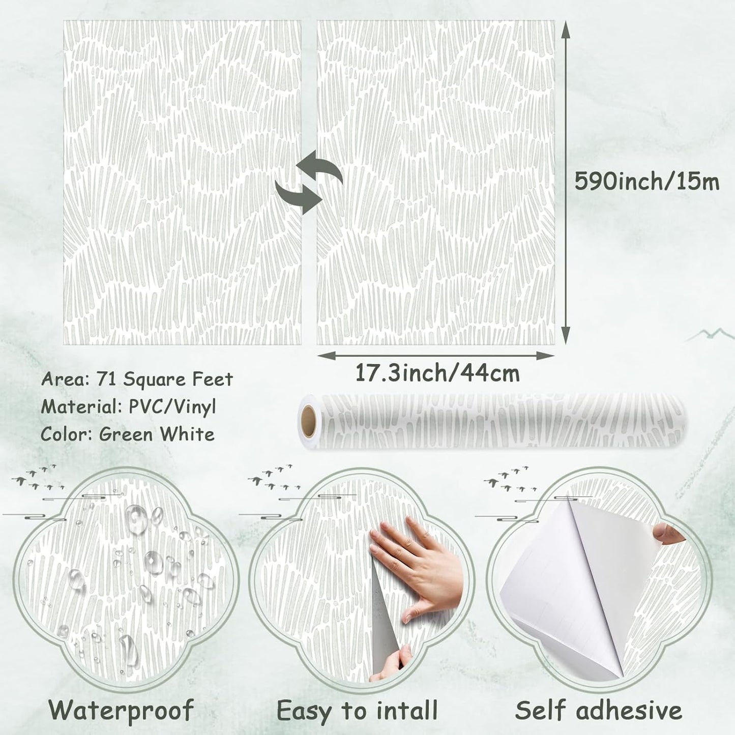 Theper Beige Wallpaper 17.3"×78.8" Modern Striped Peel and Stick Wallpaper Boho Removable Self Adhesive Wall Paper for Bedroom Waterproof White and Gold Contact Paper for Cabinets Vinyl