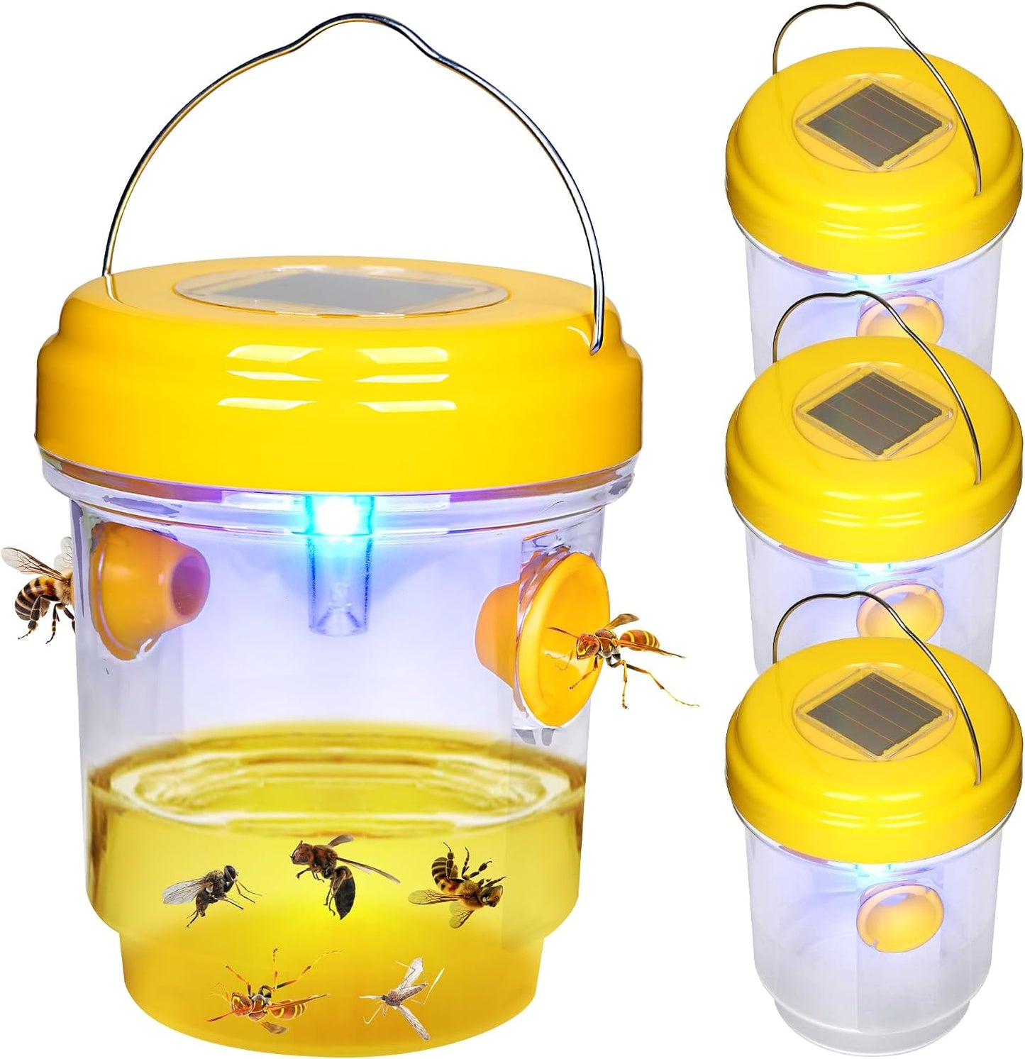 Wasp Trap Solar Powered 4 Packs, 2026 Upgrade Yellow Jacket Trap, Bee Traps Outdoor Hanging, Carpenter Bee Traps for Outside, Flying Insect Trap Reusable Hornet Catcher with LED Light