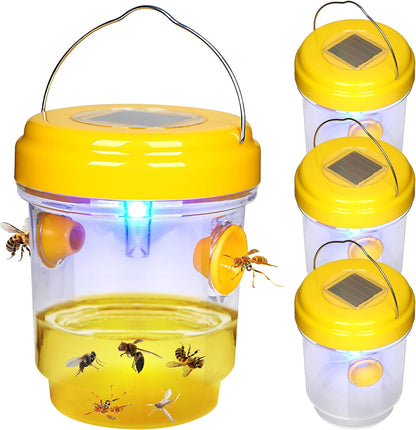 Wasp Trap Solar Powered 4 Packs, 2026 Upgrade Yellow Jacket Trap, Bee Traps Outdoor Hanging, Carpenter Bee Traps for Outside, Flying Insect Trap Reusable Hornet Catcher with LED Light