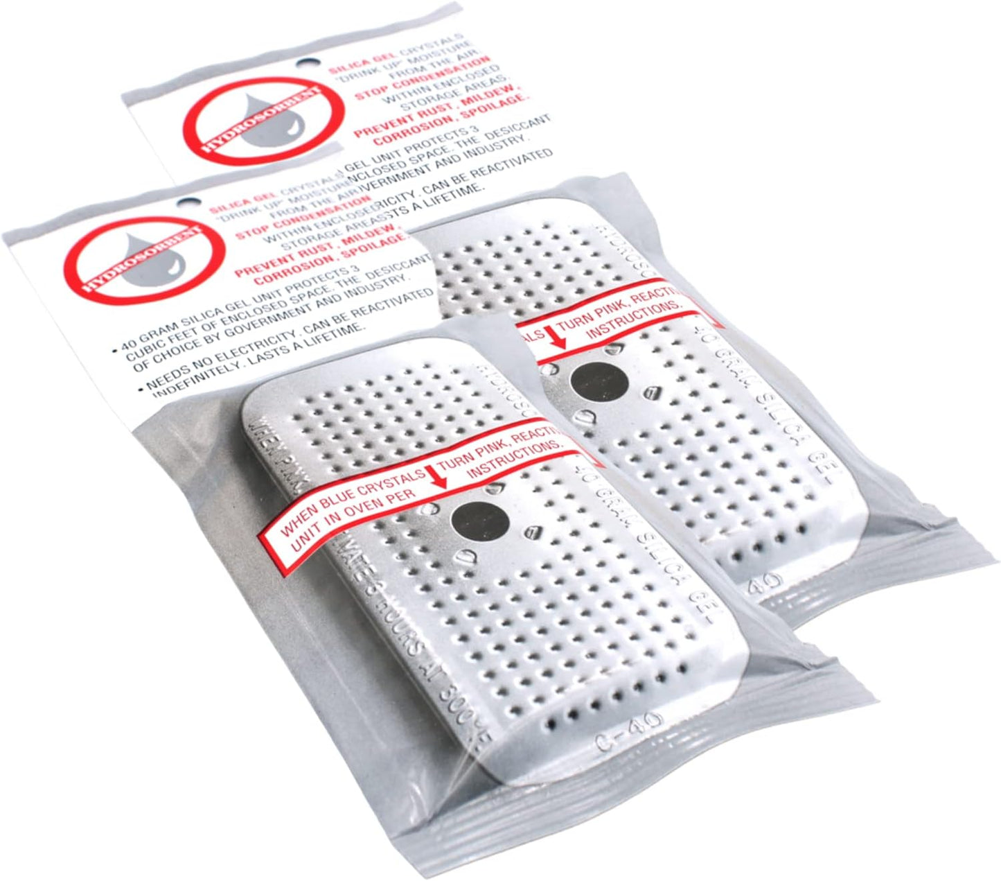 HYDROSORBENT® Moisture Absorbers for Cameras, Telescopes, Safes (40gm - 2 Pack). Blue to Pink. Rechargeable, Reusable Desiccant Dehumidifier. Made in USA Silica Gel Desiccant Mini Canisters.