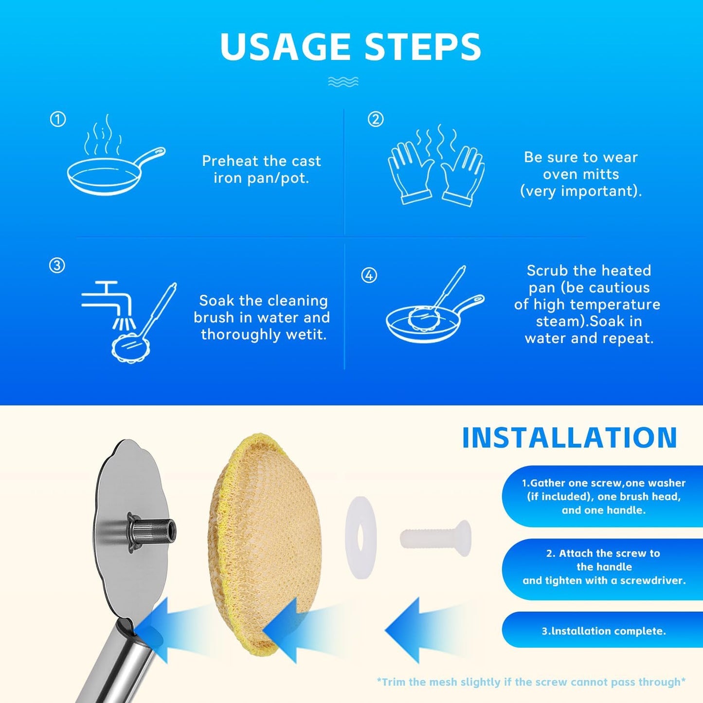 Kitchen Cleaning Brush with Handle, Non-Scratch Preserve Seasoning for Wok, Cast Iron Skillet, Pans, Oven Racks, Air Fryer, Jars - Stainless Steel Handle
