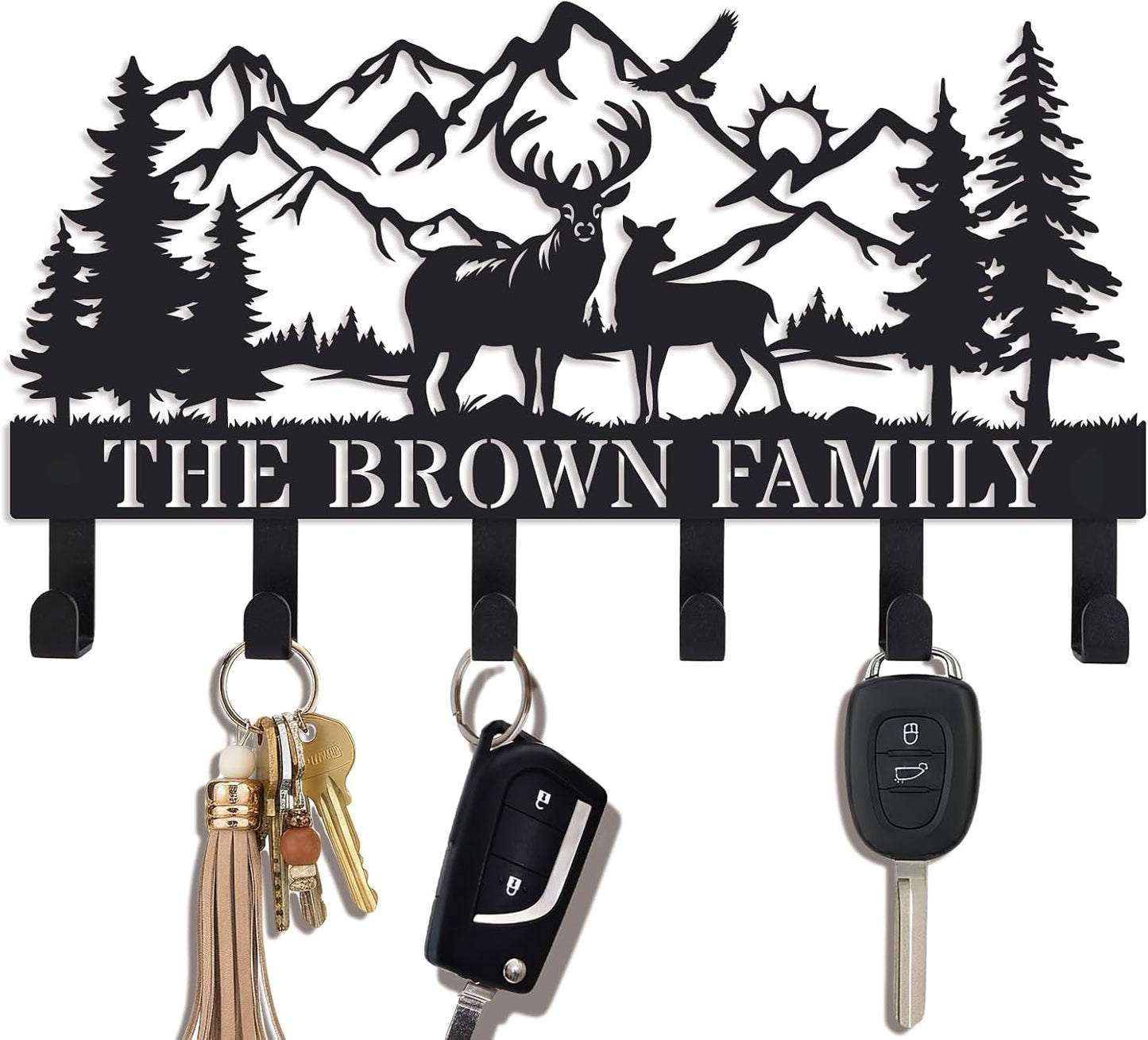 Deer Mountain Metal Key Holder Wall Mount Key Holder for Wall Rustic Cabin Decor Key Rack Hooks Hanger Woodland Wildlife Wall Art Entryway Organizer Housewarming Hunting Gifts