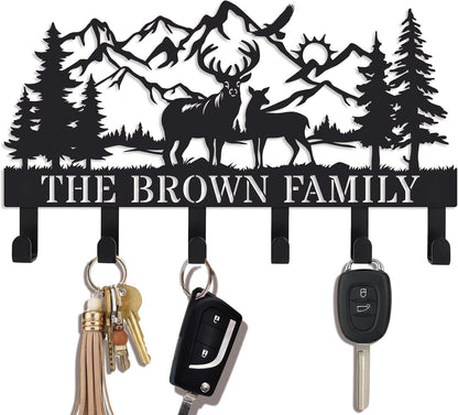 Deer Mountain Metal Key Holder Wall Mount Key Holder for Wall Rustic Cabin Decor Key Rack Hooks Hanger Woodland Wildlife Wall Art Entryway Organizer Housewarming Hunting Gifts