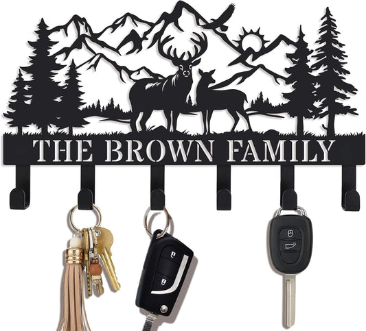 Deer Mountain Metal Key Holder Wall Mount Key Holder for Wall Rustic Cabin Decor Key Rack Hooks Hanger Woodland Wildlife Wall Art Entryway Organizer Housewarming Hunting Gifts