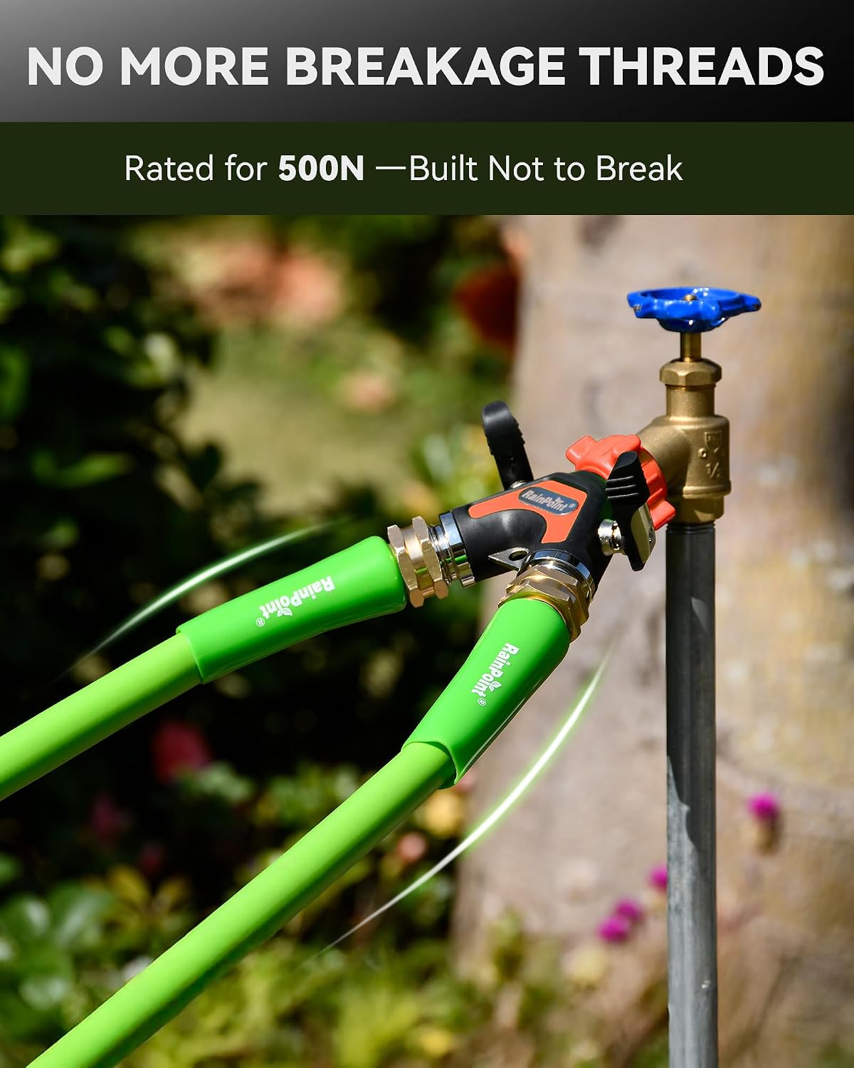 RAINPOINT Garden Hose Splitter 2 Way, All Metal Heavy Duty Water Hose Y Splitter With 2.05" Extra Long Side Handle & Shut Off Valves, 3/4 Inch GHT Thread Connector For Outdoor Spigot Faucet (Green)