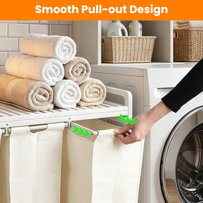 Bamboo Laundry Hamper 3 Section with Lid, 150L Laundry Sorter with Lockable Wheels, Pull-Out Removable Washable Bags, 3 × 12.5 Gal Divided Laundry Baskets for Laundry Room, Bathroom (White)