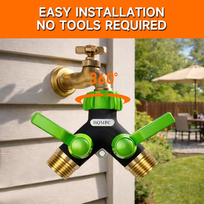 HQMPC Garden Hose Y Valve Splitter With Metal Long Handle Brass Hose Splitter Big Water Flow Hole- Spigot Splitter 2 way 3/4" GHT Thread