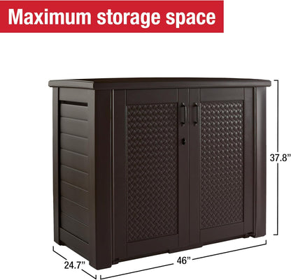 Rubbermaid Decorative Outdoor Storage Cabinet (123 Gal), Weather Resistant, Brown, Organization for Home/Backyard/Pool Chemicals/Toys/Garden Tools/Porch/Patio Cushions