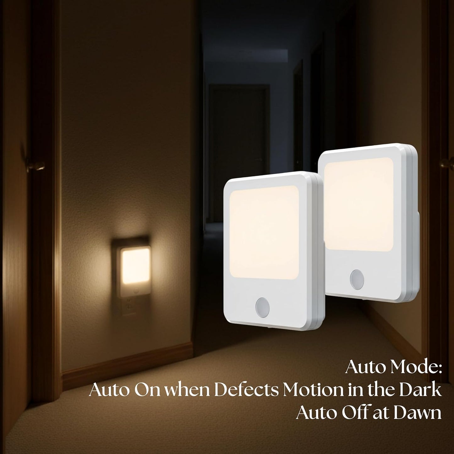 DYMOND Plug in Night Lights with Motion Sensor Dusk to Dawn, Dimmable Warm White Soft Light for Hallway, Bedroom, Bathroom, Stairway, Kids Room 2-Pack