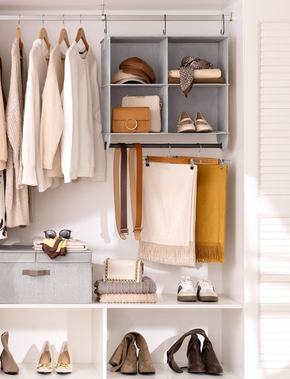 StorageWorks Hanging Closet Organizer with Metal Rod, 4-Section Closet Organizers and Storage, Collapsible Hanging Shelves for Baby Clothes, Shoes, Sweater Storage, Ivory and White