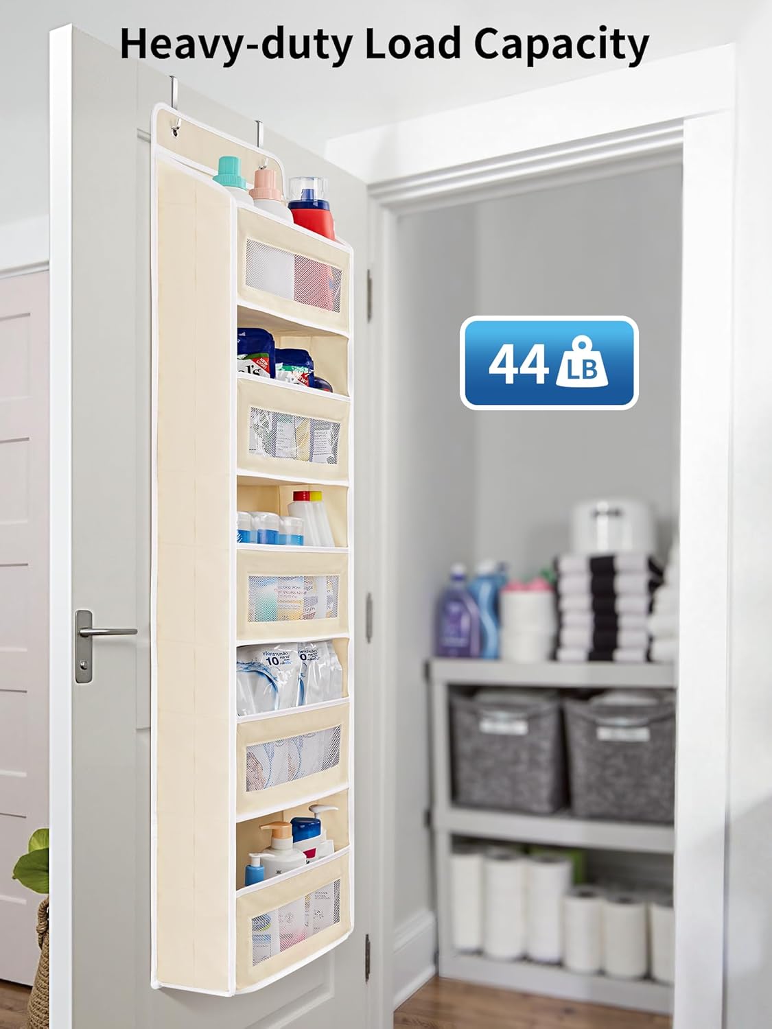 JARLINK 2 Pack Over the Door Organizer Storage, 5 Shelf Hanging Door Organizer with 5 Large Capacity Pockets, Anti Tilt 44 lb Load Behind Door Storage for Bedroom, Bathroom, Pantry, Nursery, (Grey)