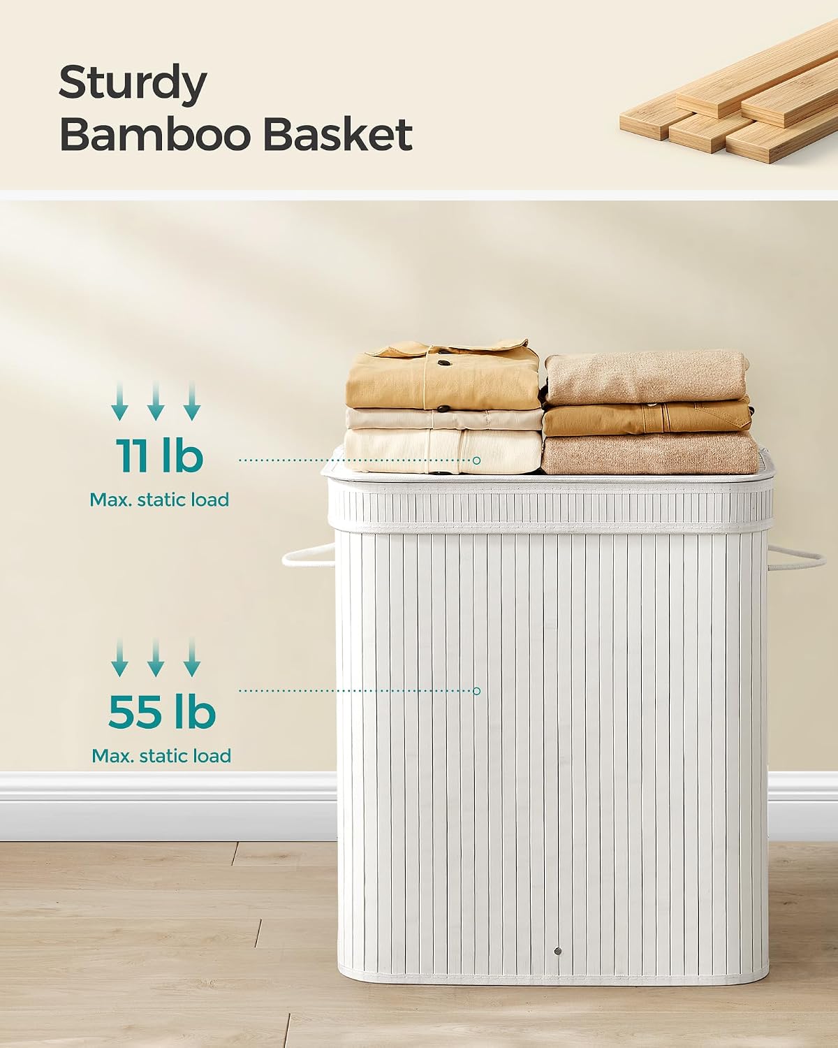 SONGMICS Laundry Hamper with Lid, Bamboo Launry Basket with Handles, Foldable Storage Basket for Laundry Room, Bedroom, 100L, Brown ULCB063K02