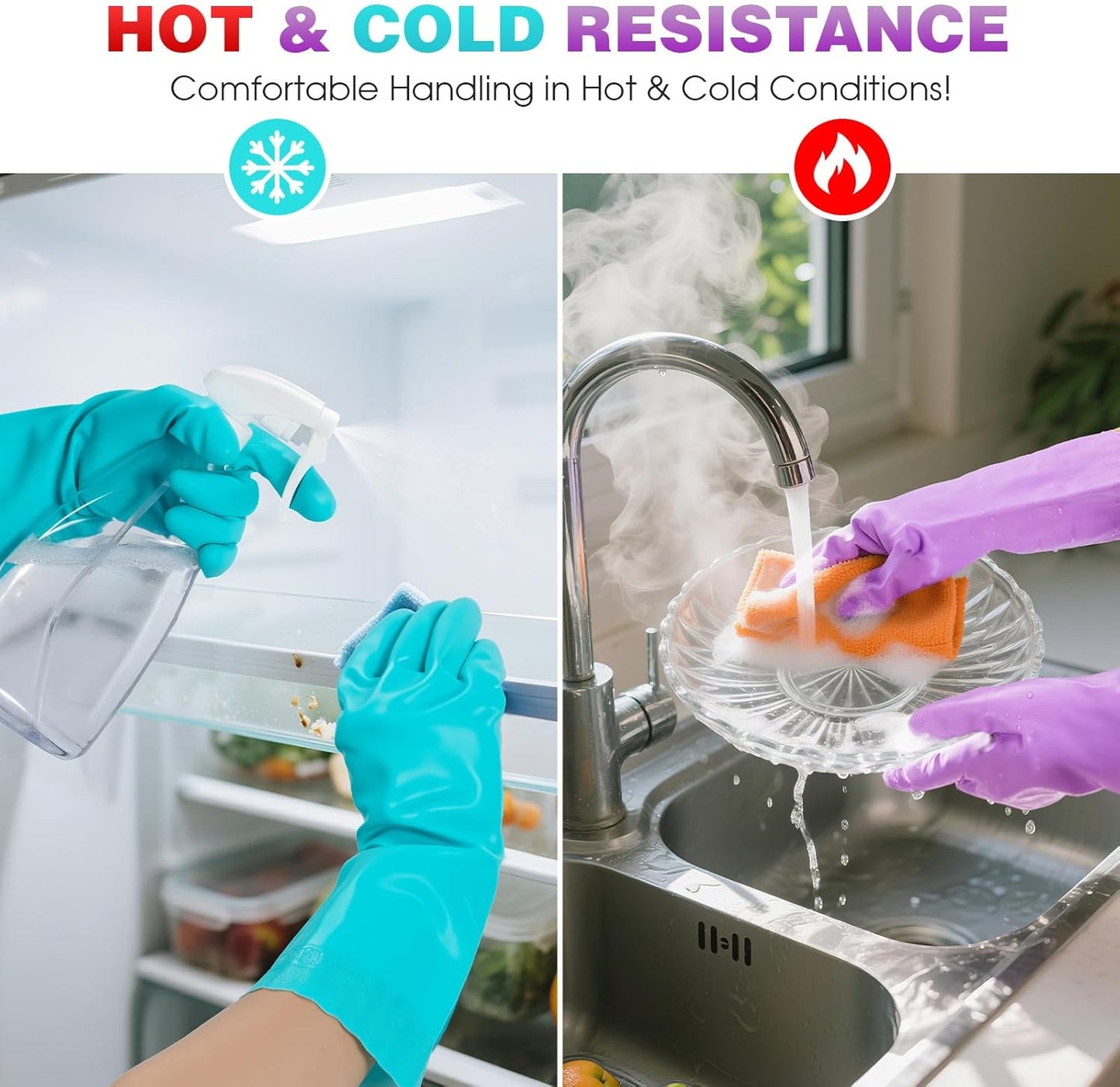Elgood Reusable Long Sleeve Dishwashing Cleaning Gloves with Latex Free,Cotton Lining,Kitchen Gloves 2 Pairs,Purple+Blue M