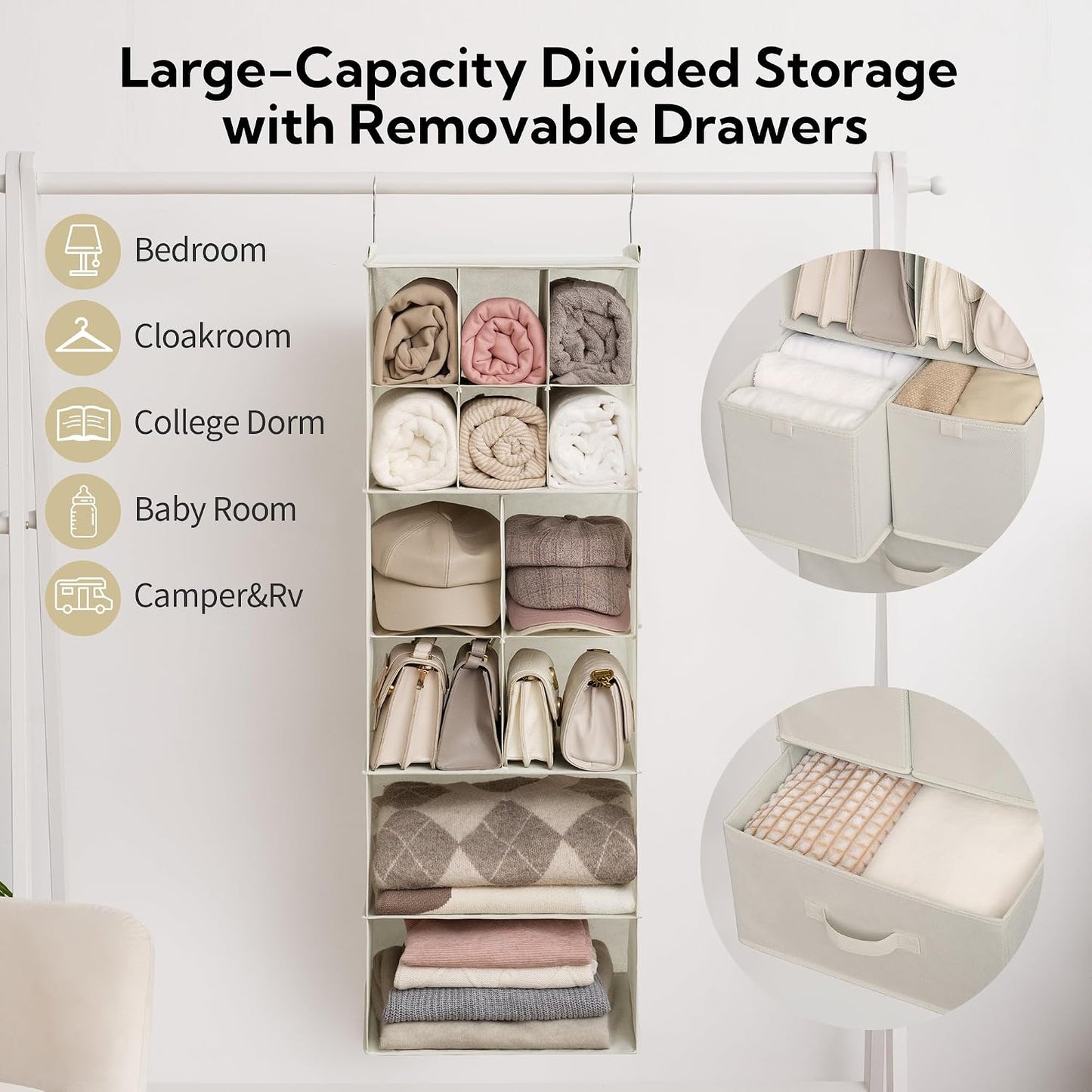 GRANNY SAYS Hanging Closet Organizer 6 Shelves, Closet Organizers and Storage with 5 Drawers, 6 Side Pockets Closet Hanging Organizer, Hanging Storage Organizer for Closet, Baby Clothes, Gray