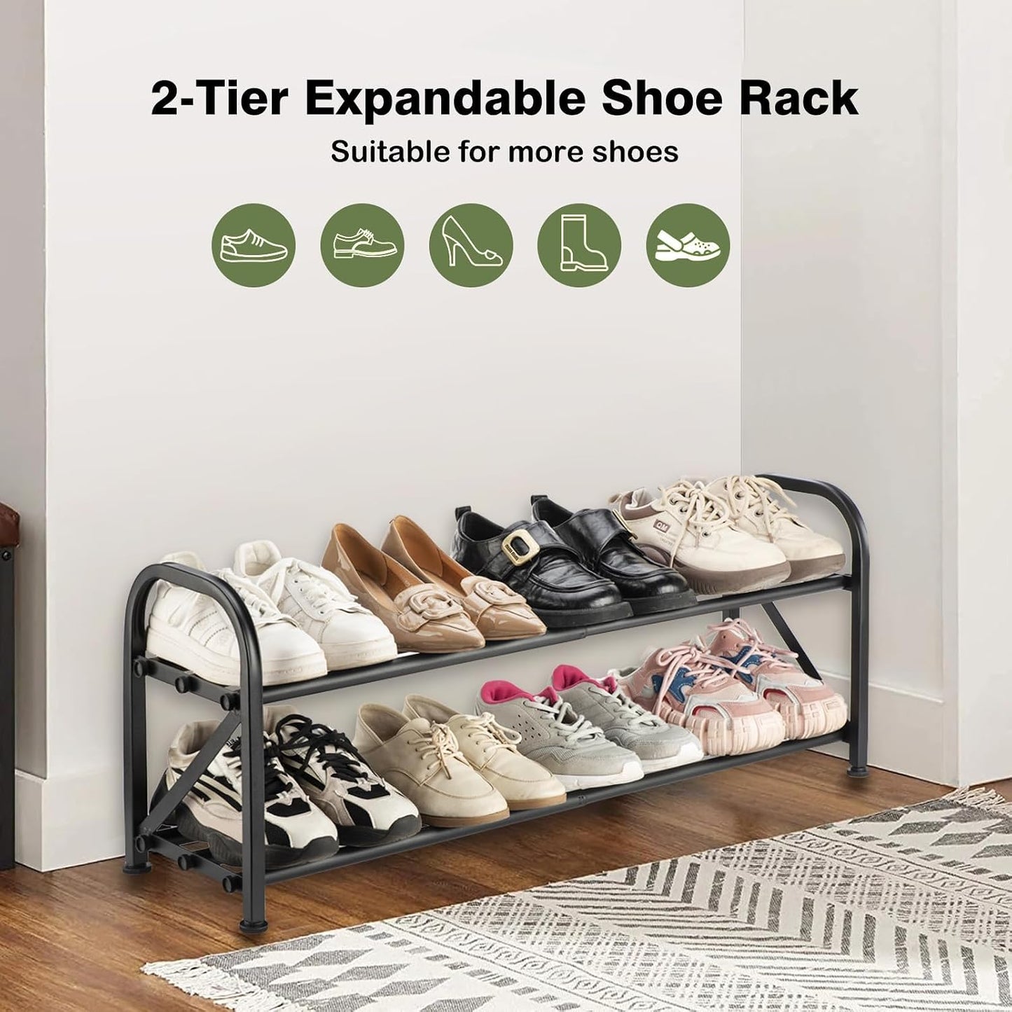 4-Tier Expandable Shoe Rack, Stackable and Adjustable Shoes Organizer Storage Shelf, Sturdy and Durable Metal Structure Free Standing Shoe Rack for Closet Entryway Doorway