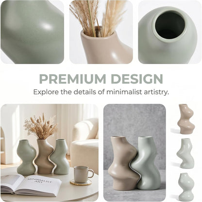 BosilunLife Decorative Vase Set of 3, Nested Curved Recycled Ceramic, Speckled Wabi-Sabi Home Decor, Modern Boho Centerpiece for Living Room Mantel & Office (Black & Grey)