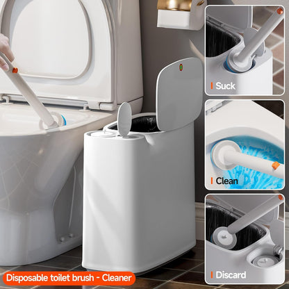CTIME Bathroom Trash Can Set - Narrow White Plastic Small Trash can, a Toilet Wand, Toilet Brush Holder and 36 Refills, 2 Gallon Trash can with pop-up lid, Suitable for bathrooms and Small Toilets.