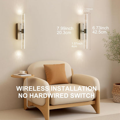 Crystal Battery Operated Wall Sconces Set of 2, Black Rechargeable Wireless Wall Light Fixtures with Remote Control, 3CCT and 12 RGB Dimmable Wall Lamps for Bedroom Living Room Hallway