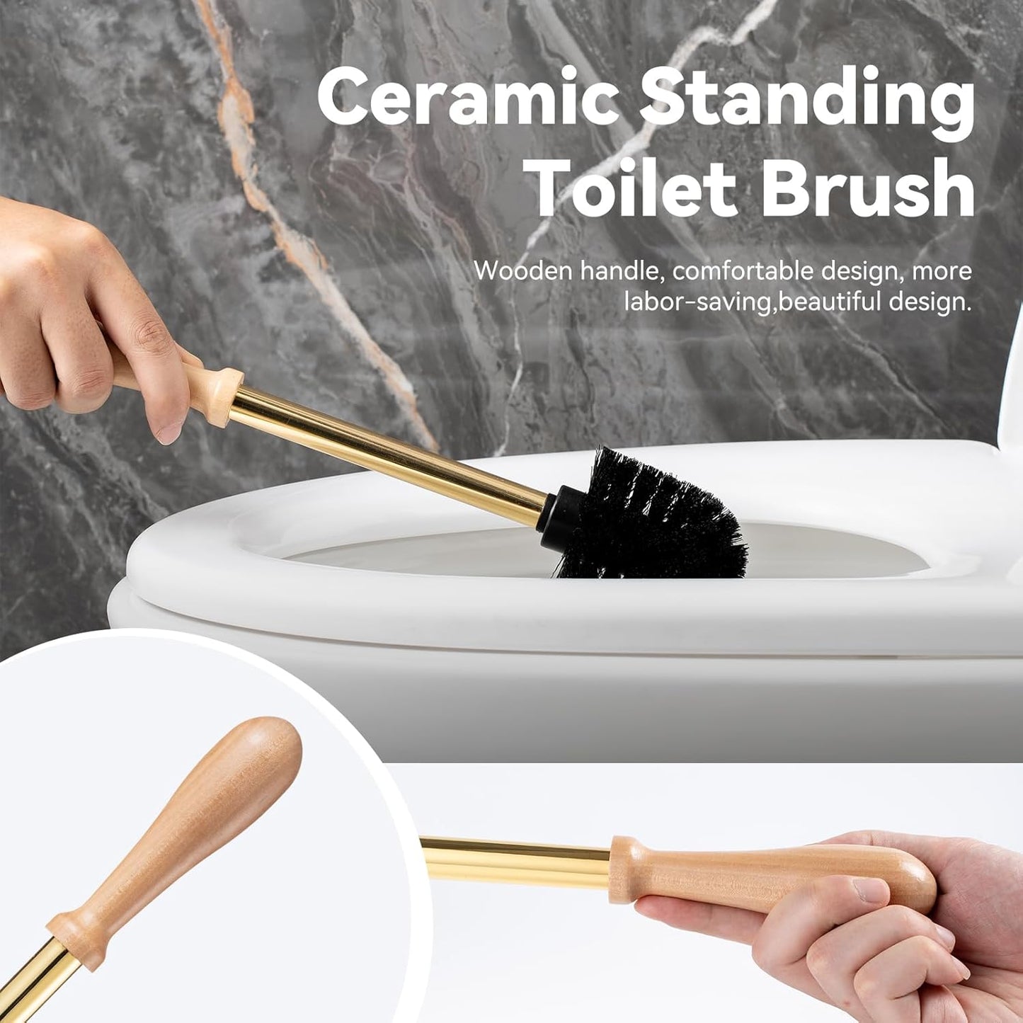 Toilet Brush and Holder Set, Ceramic Turtle Base Toilet Brush Set - 7.5” Bowl Cleaner, Toilet Scrubber Brush with Ergonomic Handle (Silver)