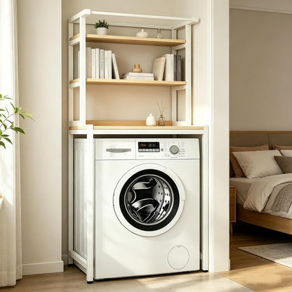 Durable 3-Tier Over The Washer Storage Rack, Freestanding Laundry Organizer with White Metal Frame & Wood Grain Boards, Movable Space Saving Shelf for Front Load Washers & Dryers