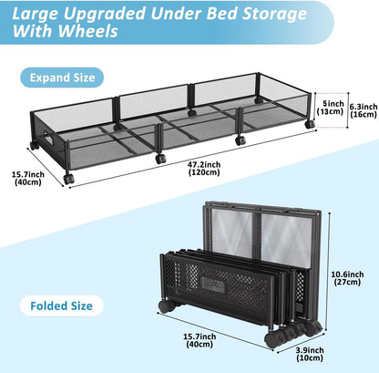 47.2'' Long Under Bed Storage on Wheels, 57.6L Large Capacity Rolling Under the Bed Storage Containers, Tool-Free Assembly Foldable Underbed Shoes Clothes Toy Drawers