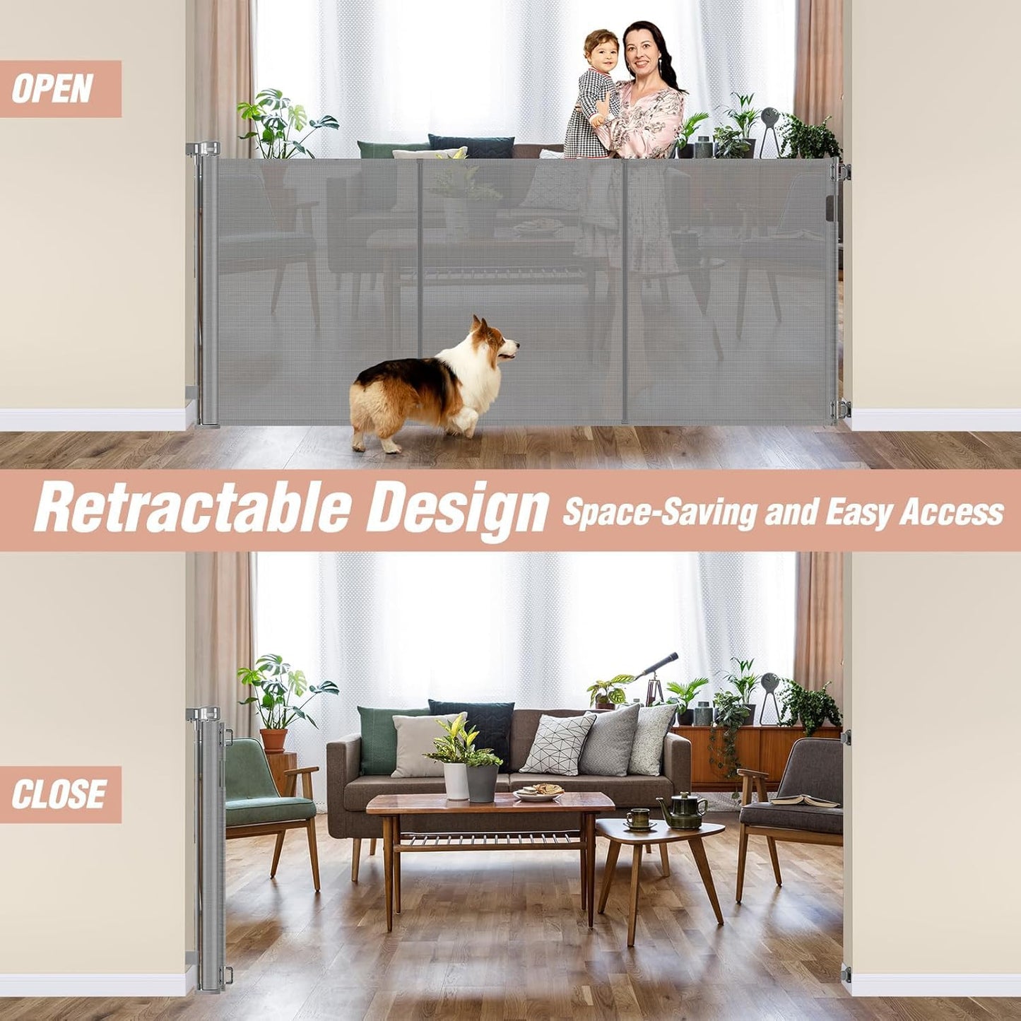Newly Enhanced - 42" Tall × 120" Extra Wide Retractable Baby Gate Keeps Pets from Getting Under Tall Dog Gate, Indoor/Outdoor Baby Gates for Dogs, Retractable Dog Gate for Large Openings, White