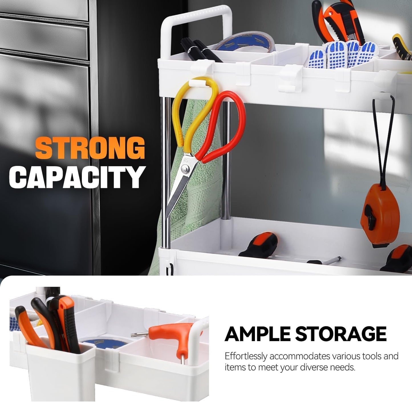 Auto Dynasty 3 Tier Slim Rolling Cart with Handle, Multifunction Utility Storage Rolling Cart, Movable Storage Organizer with Wheels for Office, Bathroom, Kitchen, Narrow Places (White)