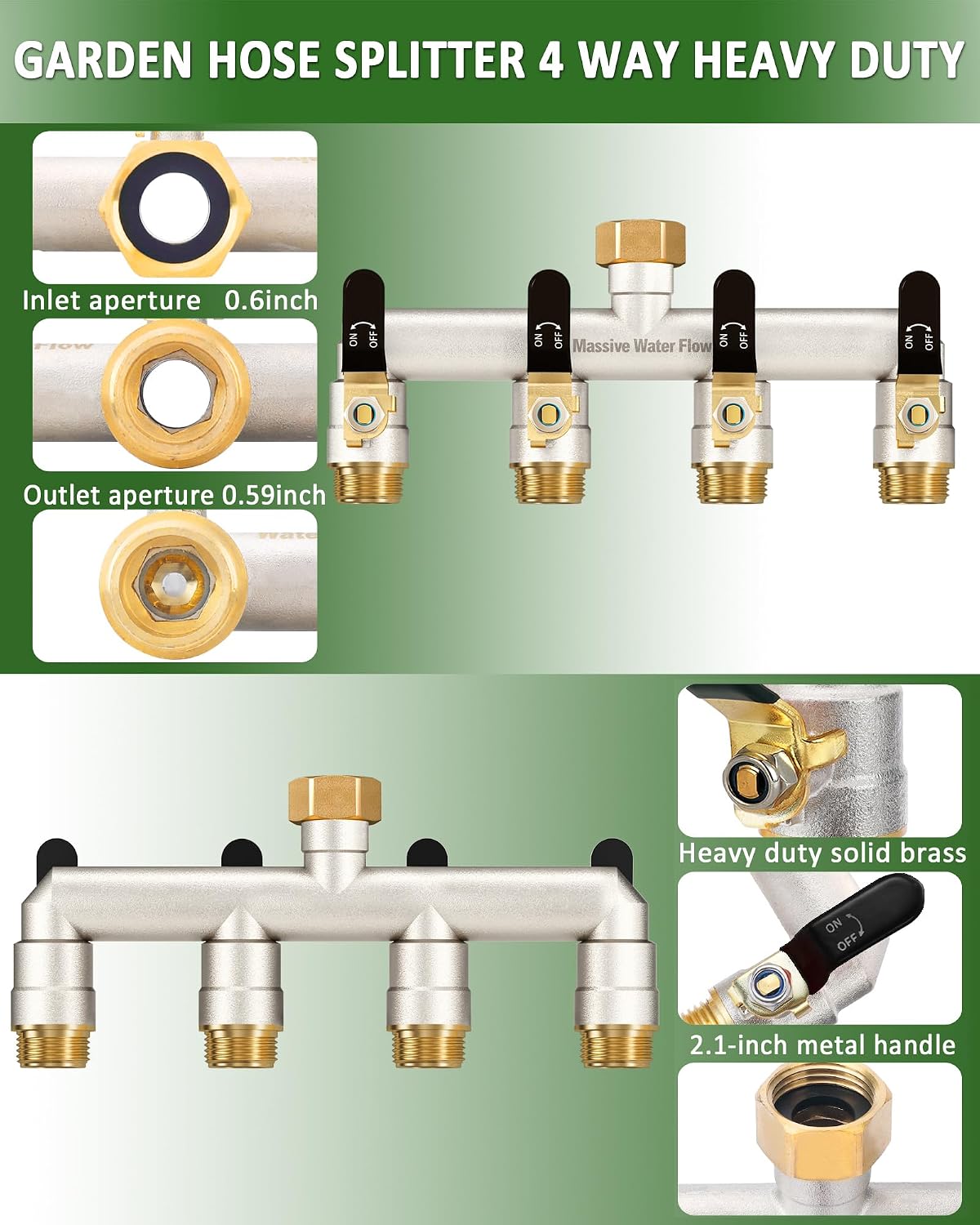 4 Way Hose Splitter, Heavy Duty Full Flow Garden Water Hose Bib Spigot Splitter, Brass Rust and Freeze Resistant Outdoor Faucet Splitter, T Adapter Connector with 3/4 - Inch GHT Thread （Black）