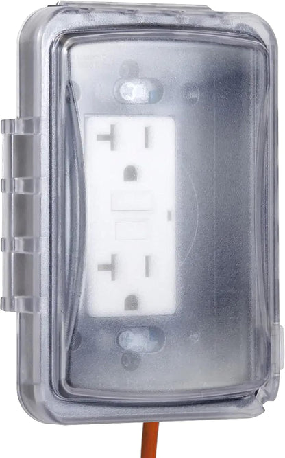 TayMac MM420C 1-Gang Nonmetallic Extra Duty Weatherproof In-Use Horizontal/Vertical 16-in-1 Standard Cover, 2.75 in, Clear & MM110C Weatherproof Single Outlet Outdoor Receptacle Cover, 5/8 Inches Deep
