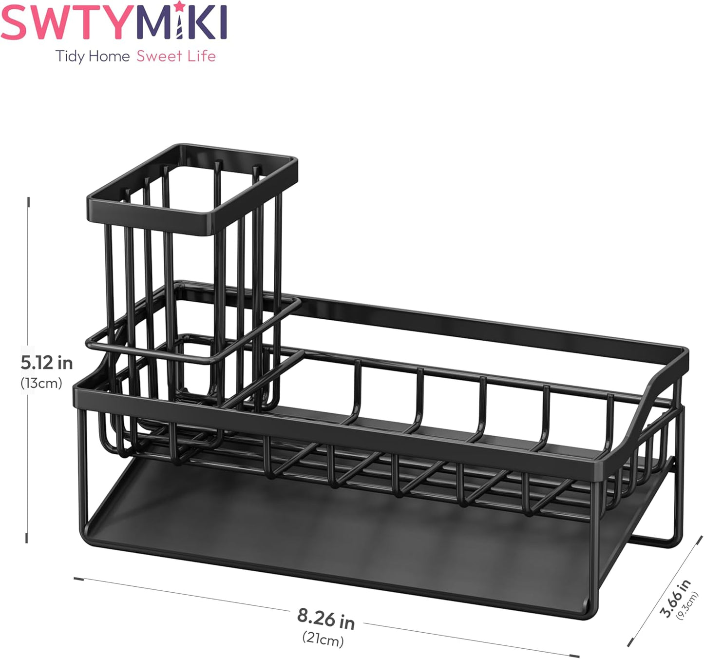 SWTYMIKI Sink Caddy Sponge Holder - Kitchen Sink Organizer with High Brush Holder for Countertop to Hold Dish Soaps and Sponges, Stainless Steel, Black