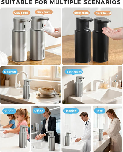 Automatic Foaming Soap Dispenser Touchless, 304 Stainless Steel Bottle Body &16.2oz/480ml Rechargeable, 3 Adjustable Liquid Levels, IPX7 Waterproof, for Kitchen Bathroom, Stainless Steel