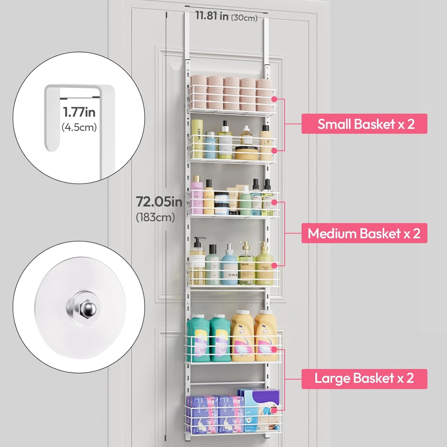 SWTYMIKI Over The Door Organizer - Door Organizer Hanging with 5 Adjustable Metal Large Capacity Basket and 6 Coat Hook, Wall Mounted Shelf for Bedroom Closet Bathroom Laundry Pantry Cabinet Kitchen