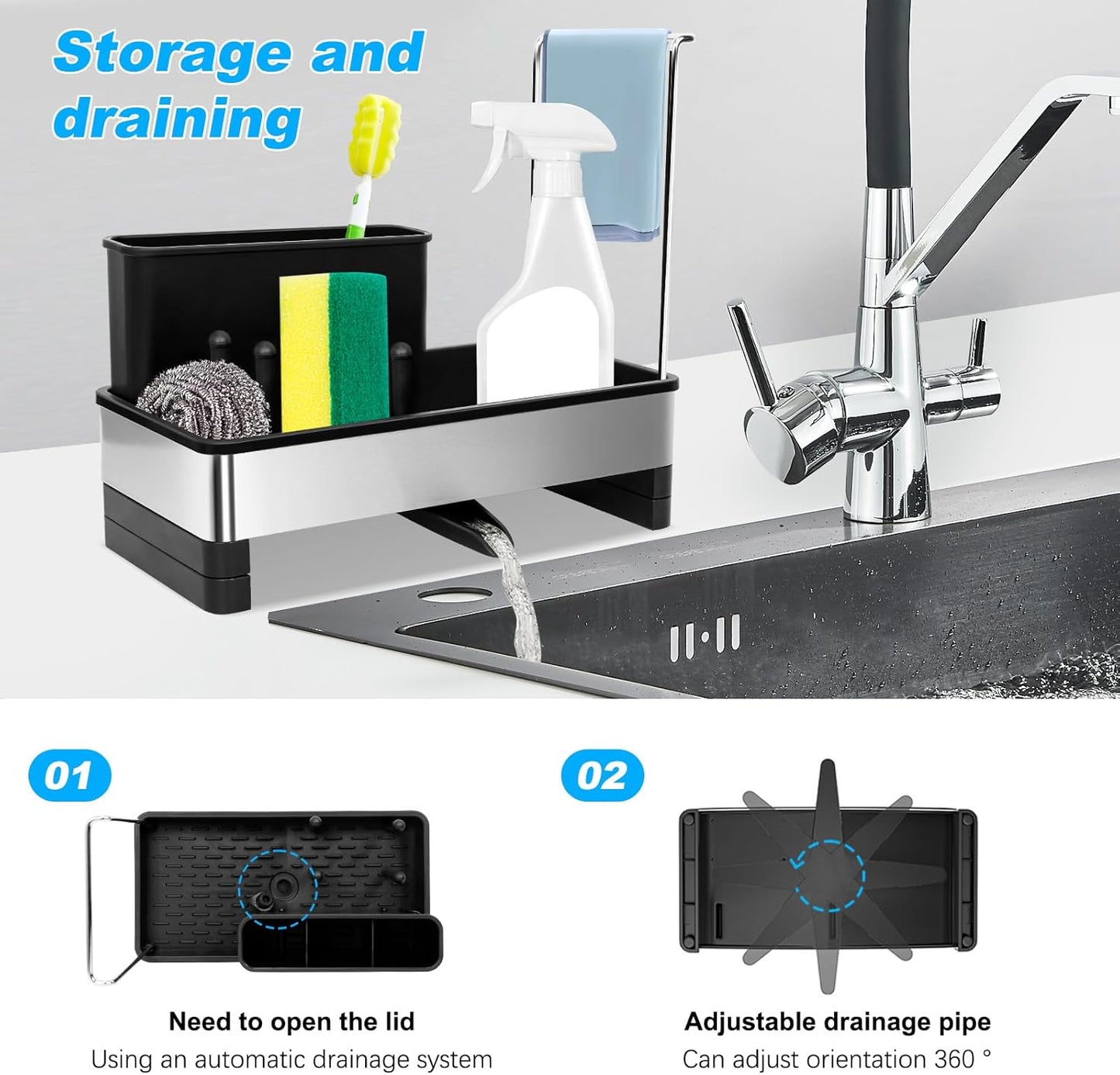 Kitchen Sink Caddy,Sponge Holder for Kitchen Sink with Dish Brush Holder, Auto Drain Tray, Sponge Drain Rack,Stainless Steel Sink Organizer Countertop，Sponge Soap(Grey)