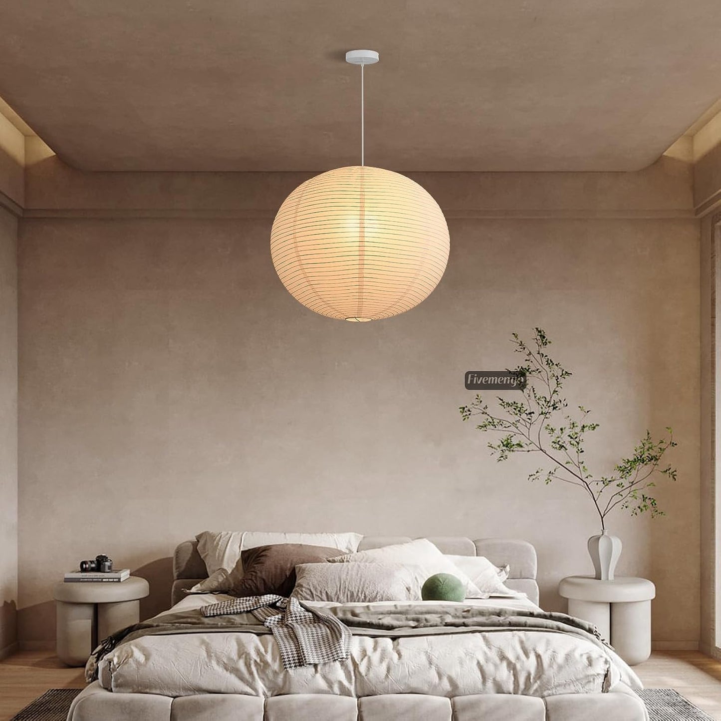 Large Rice Paper Pendant Light Kit, 20in White Globe Paper Lantern Lights, E26 Base, Japanese Hanging Lantern Lamp Japandi Chandelier for Dining Room Bedroom Office Living Room