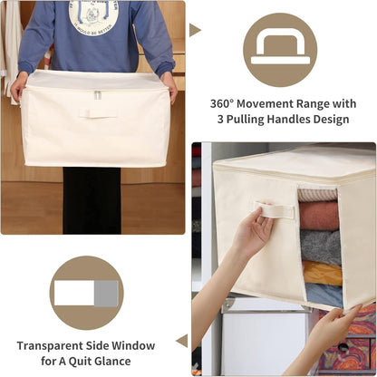 Canvas Comforters Bags Closet Organizers and Storage for Quilts Clothes Organization Containers Bins with Sturdy Zipper, Clear Window 75L for Sweaters Blankets Storage Bedroom Collapsible