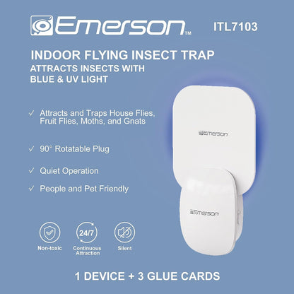 Emerson ITL7103 Plug-in Flying Bug Catcher with UV Light and LED Décor – Indoor Fly, Fruit Fly, Gnat & Moth Catcher, Silent, 24/7 Coverage, Mess-Free, use in Any Room, Includes 3 Glue Cards